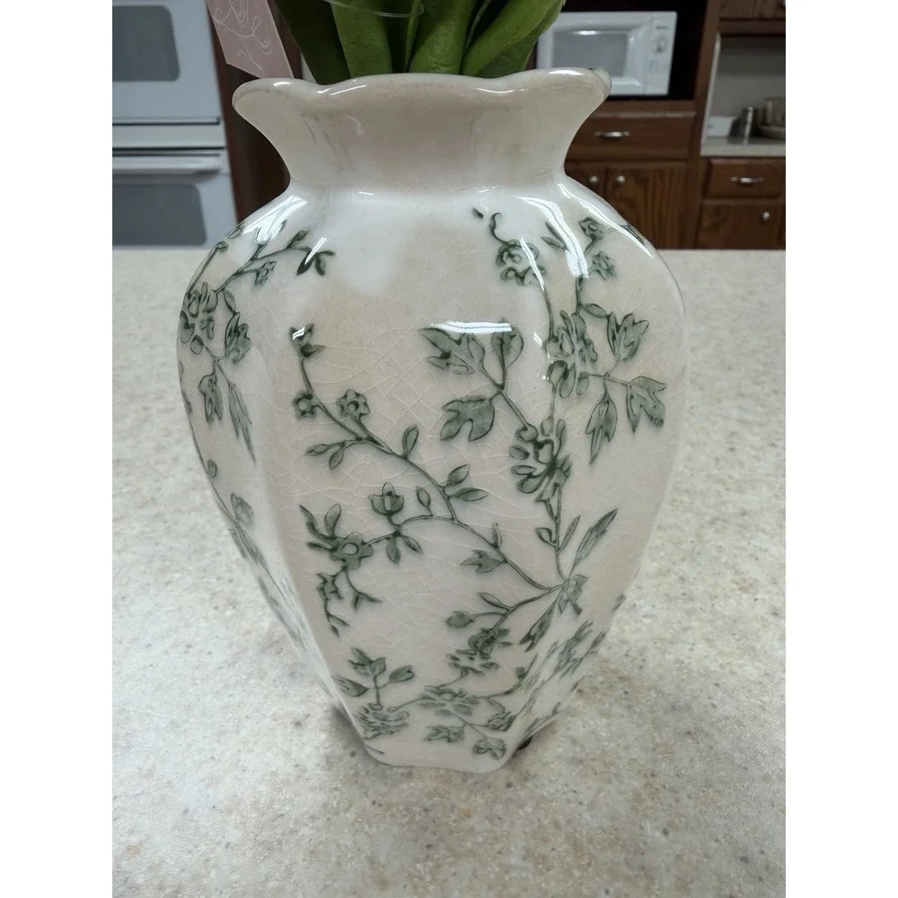 Tulip Home Artificial White Tulip Floral Arrangement Ceramic Vase Green Floral